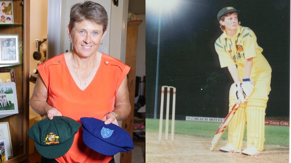 A composite of an older woman holding two cricket caps, and a younger woman batting for Australia in yellow and green.