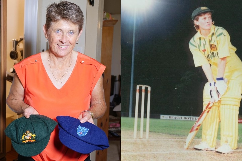 A composite of an older woman holding two cricket caps, and a younger woman batting for Australia in yellow and green.