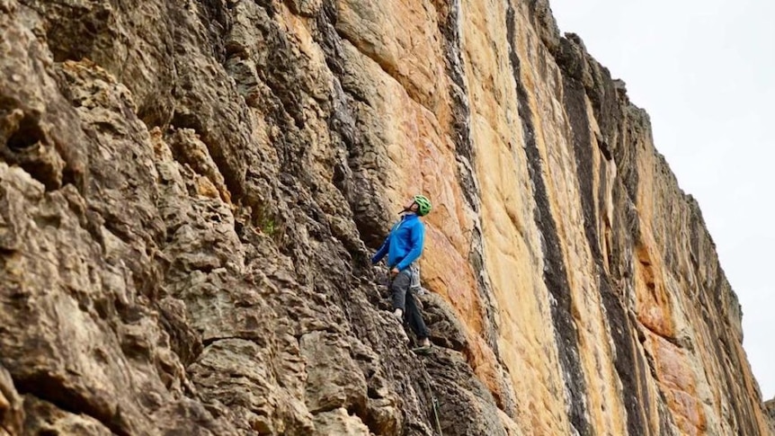 A man wearing a helmet, harness, blue jumper, looks up at a sheer wall of rock.