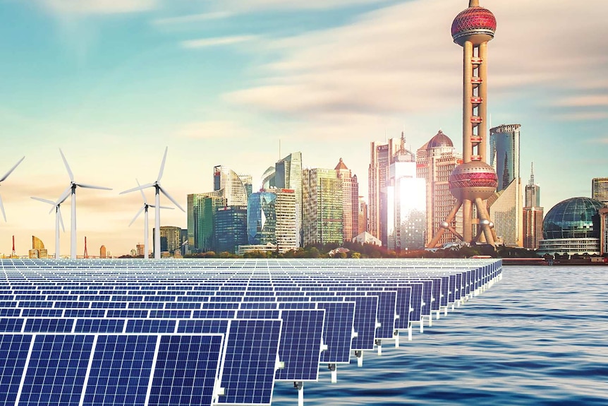 A graphic showing solar panels and wind farms next to Shanghai's city skyline.