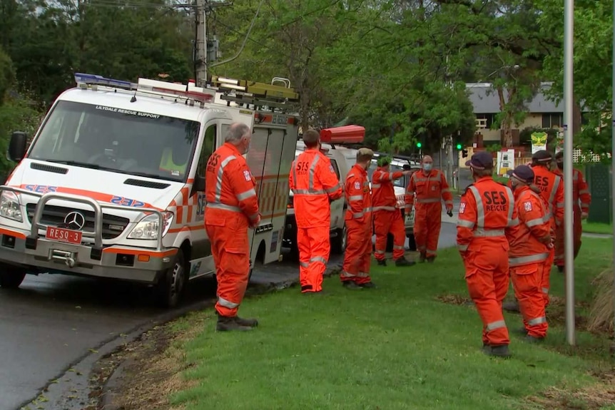 A group of SES workers standing beside an SES van.