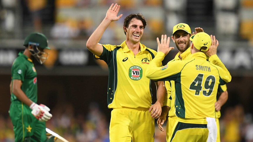 Australian bowler Pat Cummins celebrates a wicket with teammates.