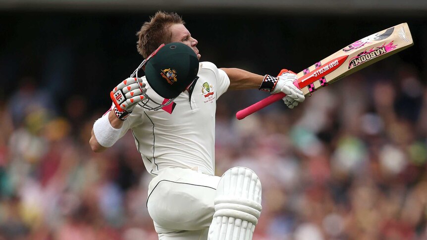 David Warner leaps in the air after scoring ton before lunch at SCG