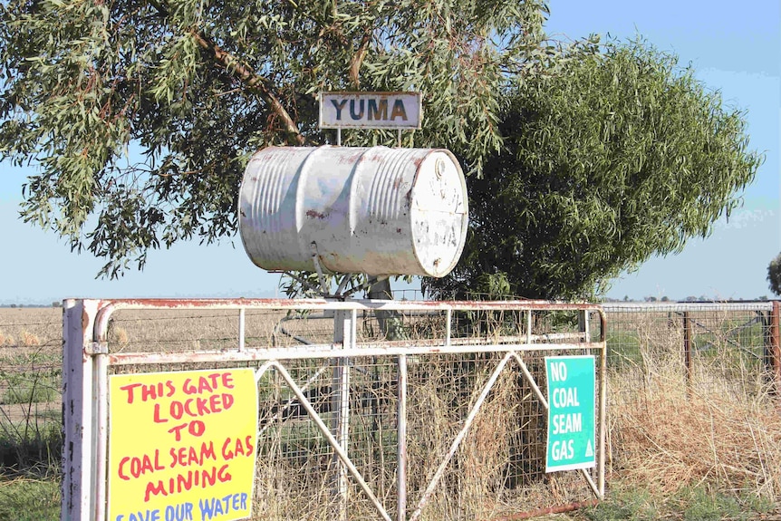 Fence signs opposing Santos's coal seam gas project in the Pilliga State Forest.