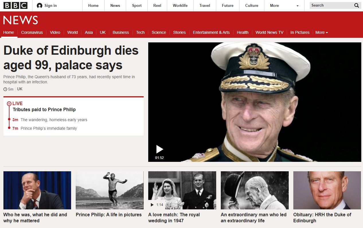 The BBC News home page after the death of Prince Philip.