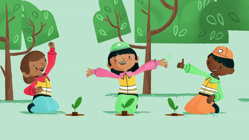 Animation of three people looking happy with their arms outstretched as they plant some seedlings