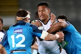 Israel Folau held up by Blues defence