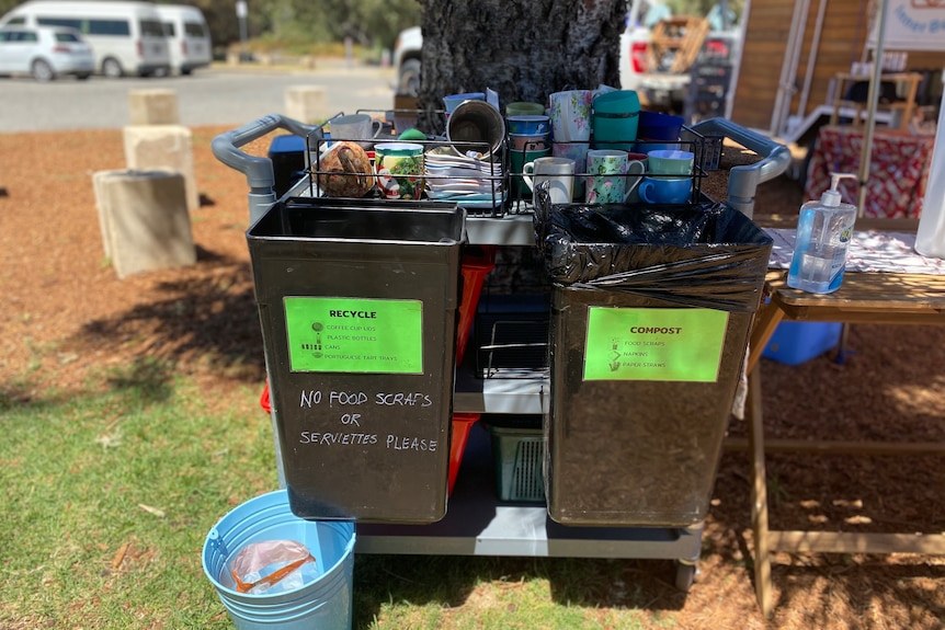 A recycling and compost bin at a sustainable coffee van in Perth.