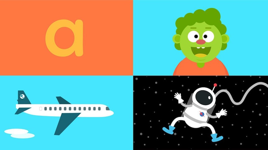 Four different images: the letter a, an alien, an aeroplane and an astronaut