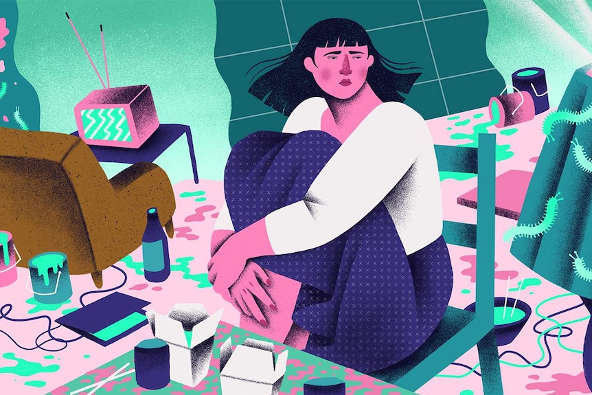 A colour illustration showing a young girl sitting in a messy apartment, surrounded by empty takeaway boxes and centipedes.