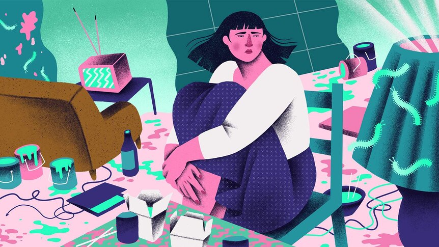 A colour illustration showing a young girl sitting in a messy apartment, surrounded by empty takeaway boxes and centipedes.
