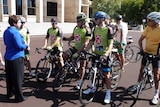 Greens MLC Lynn MacLaren with cyclists outside WA Parliament 16 October 2014