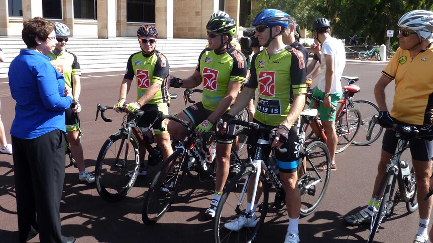 Greens MLC Lynn MacLaren with cyclists outside WA Parliament 16 October 2014