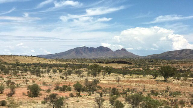 A arid landscape with Mount Sonder on the horizon.