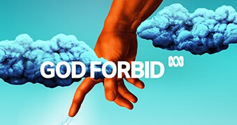 Cartoon hand pointing through two blue clouds. (God Forbid program logo)