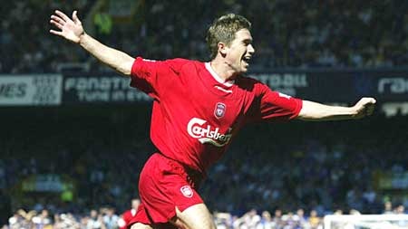 Harry Kewell celebrates his first goal for Liverpool