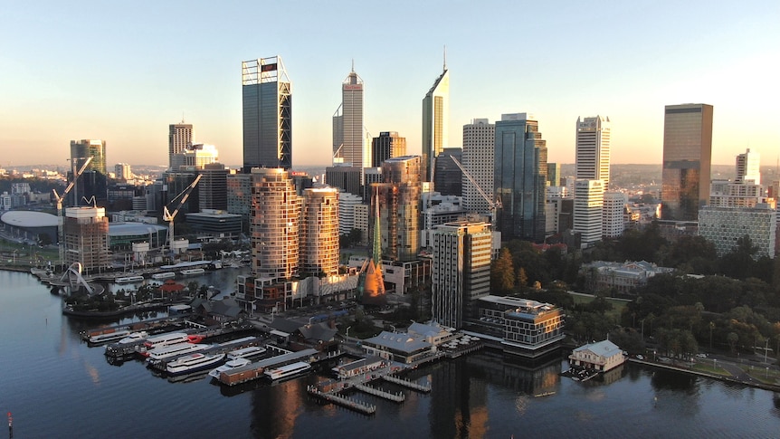 The Perth city skyline at dawn.