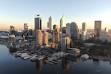 The Perth city skyline at dawn.