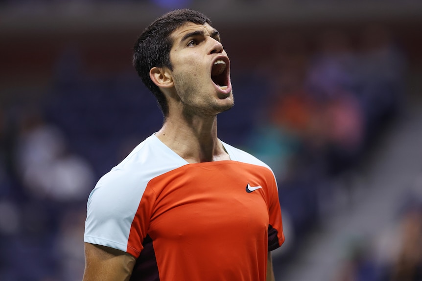 A Spanish male tennis player screams out as he reacts to losing a point at the US Open.