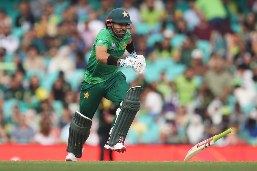 A Pakistani batsmen runs after dropping his bat against Australia in a Twenty20 international at the SCG.