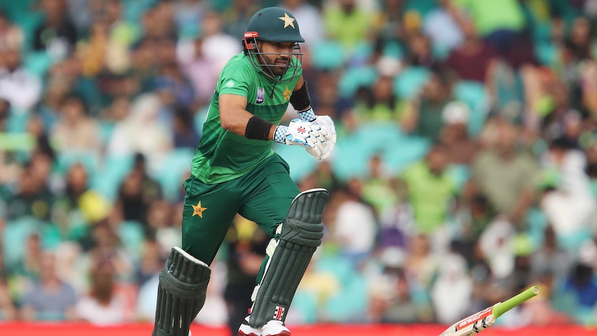 A Pakistani batsmen runs after dropping his bat against Australia in a Twenty20 international at the SCG.
