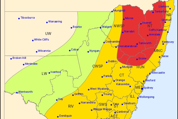 A map of eastern Australia, primarily NSW, showing areas that will be affected by an incoming storm.
