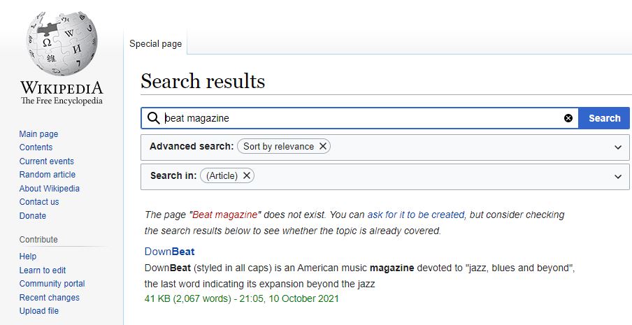  A screenshot taken on December 9, 2021 searching for Beat Magazine on Wikipedia. It says 'the page does not exist'.