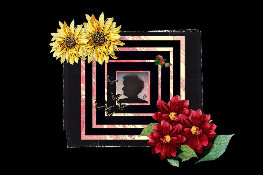 On square black paper, a silhouette of a woman is framed by drawn flowers and four pink and white concentric square outlines.