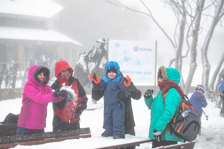 Women and a young child playing in the snow.