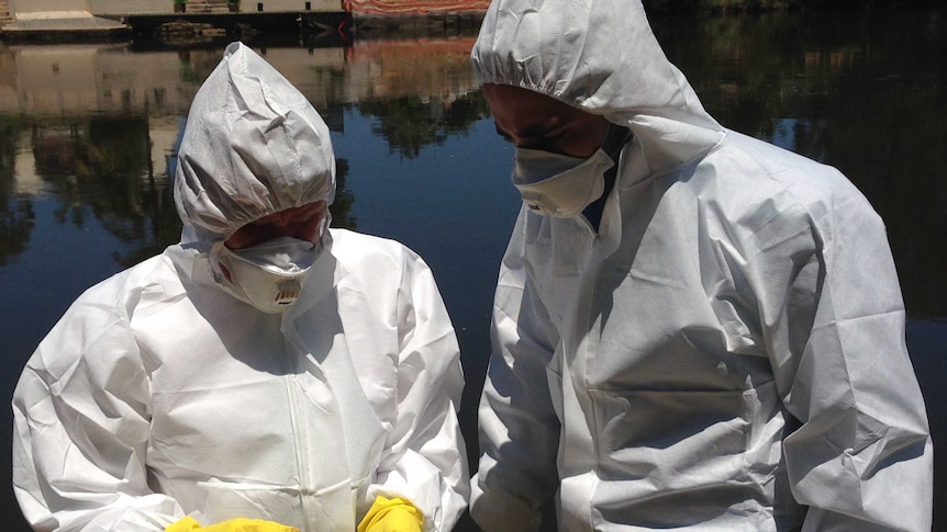 Two men in biohazard suits examine a piece of fibrous cement by a river bank.