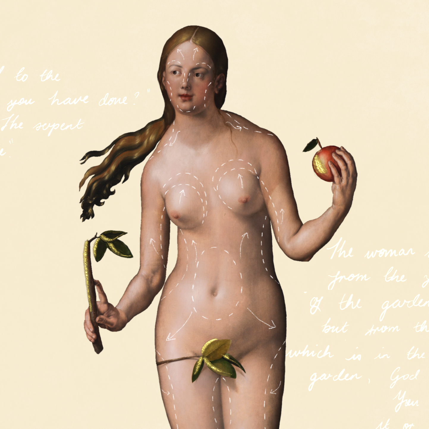 An illustration of Eve with white surgical lines superimposed on her body, and hands pointing from afar.