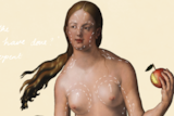 An illustration of Eve with white surgical lines superimposed on her body, and hands pointing from afar.