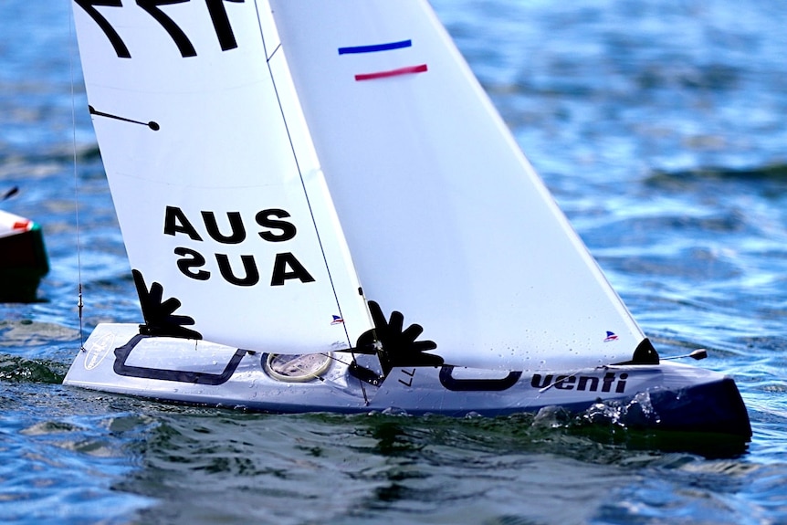 A close up of a model yacht in the water.