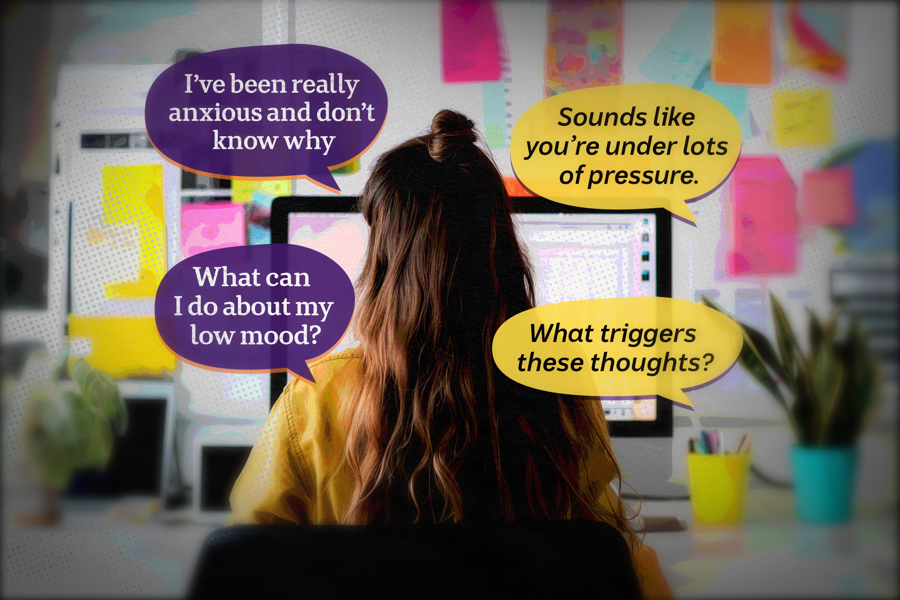 A woman at a computer with speech bubbles around her saying 'I've been really anxious lately' and 'What can I do about my mood?'