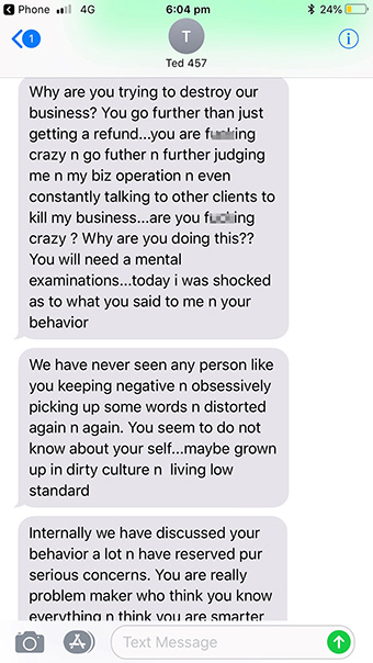 Mr Kang abuses his client and accuses him of trying to ruin his business, saying his culture is dirty and "low living standard".
