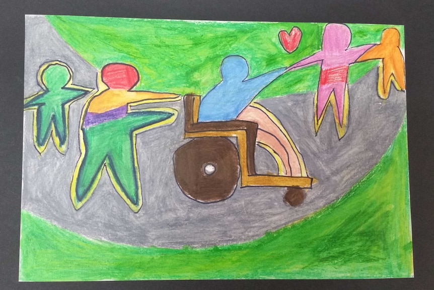 Hand-drawn picture of figures holding hands with a person in a wheelchair in the middle.