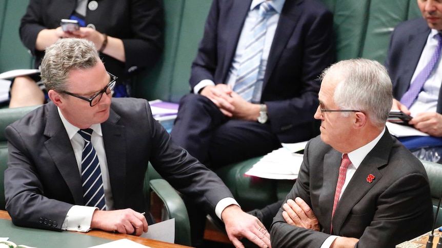 Malcolm Turnbull and Christopher Pyne look at each other in Question Time