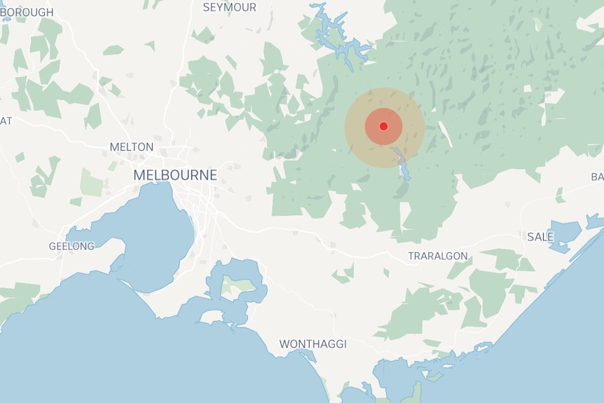 A map of Victoria showing an earthquake epicentre