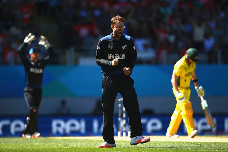 Vettori celebrates a wicket for the Black Caps