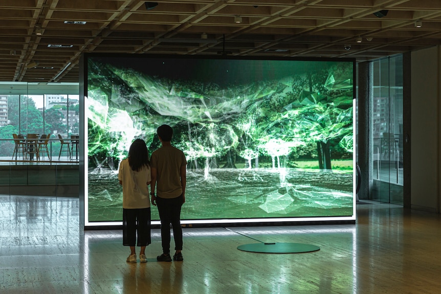 A man and a woman stand in front of a screen showing a scene of green-hued virtual trees growing in a forest