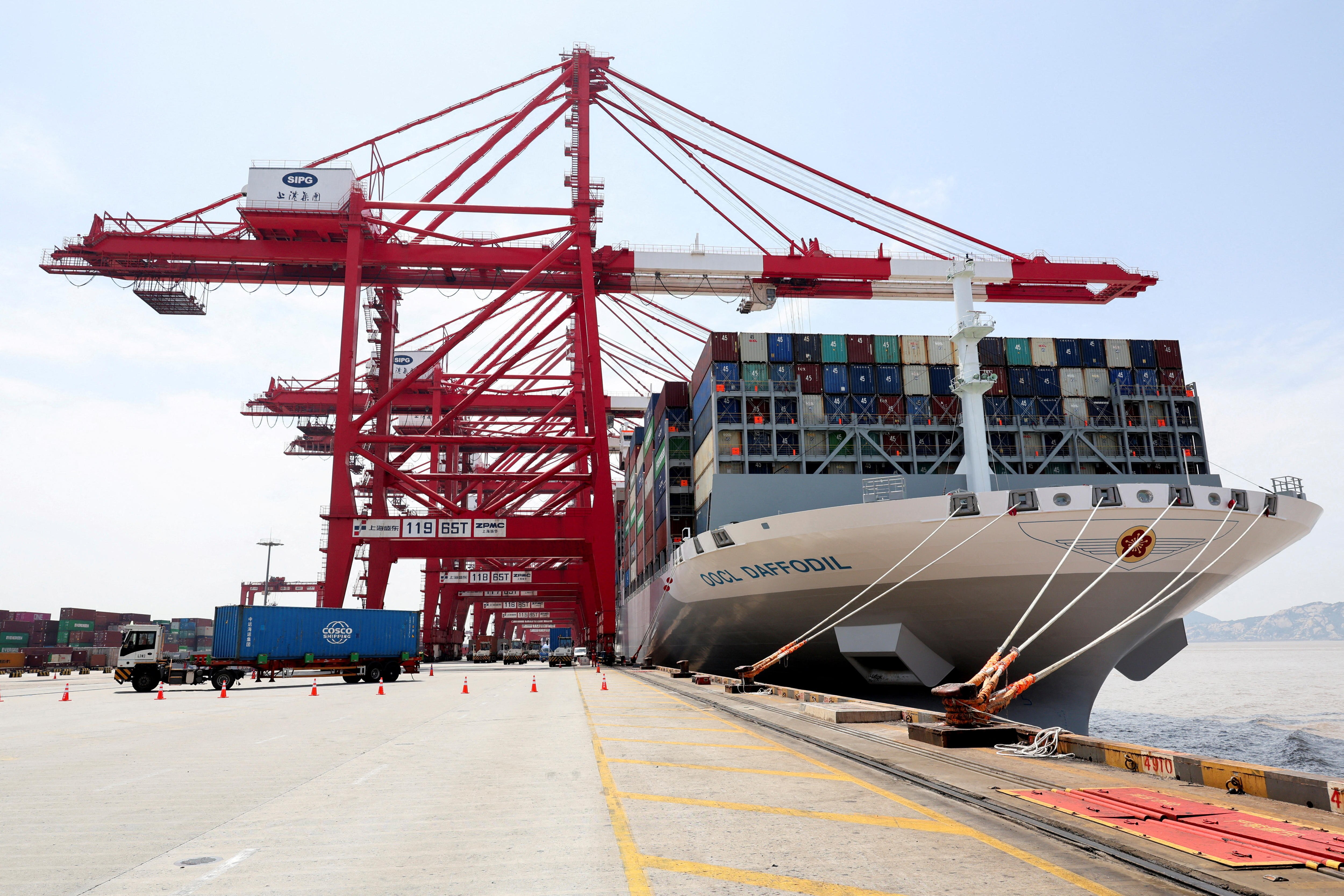 A large container ship docked at a Chinese port