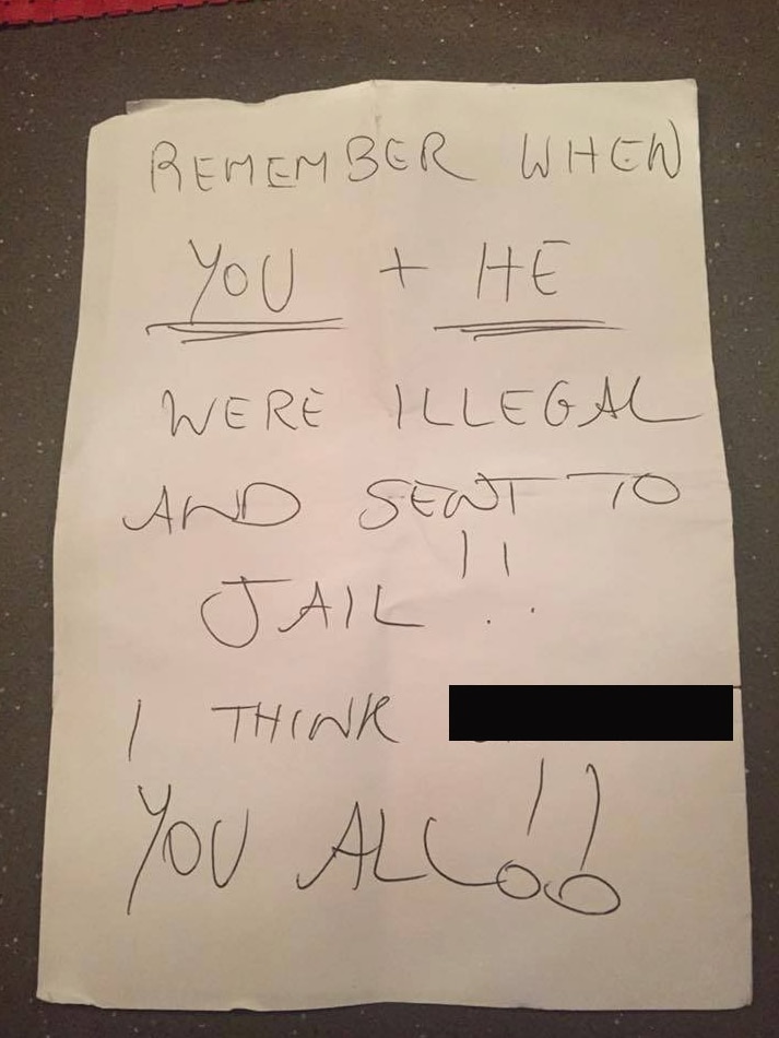 A handwritten note saying: Remember when you and he were illegal and sent to jail. I think - blank - you all.