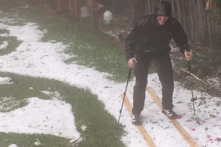 Skiing in hail at Haberfield, Sydney on April 25, 2015