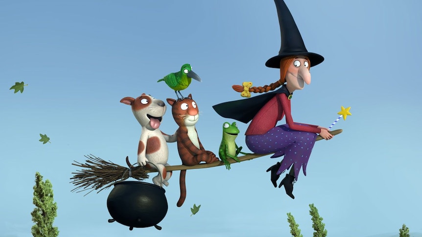 Witch, frog, cat, dog and bird flying on a broomstick