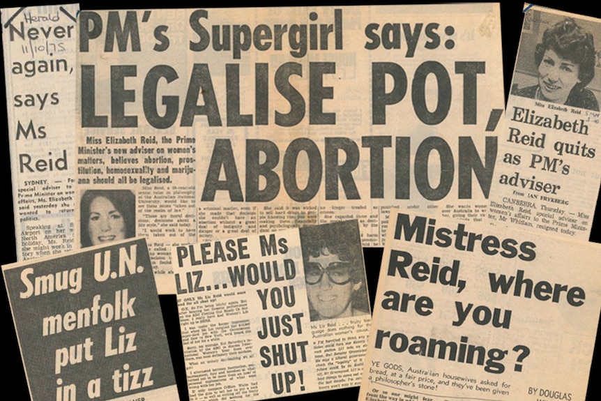 A collection of newspaper clippings with headlines about Elizabeth Reid.