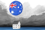 Illustration of an Australian house floating under a balloon with dark clouds around.
