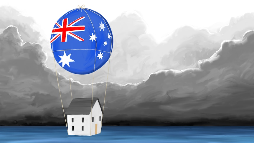Illustration of an Australian house floating under a balloon with dark clouds around.