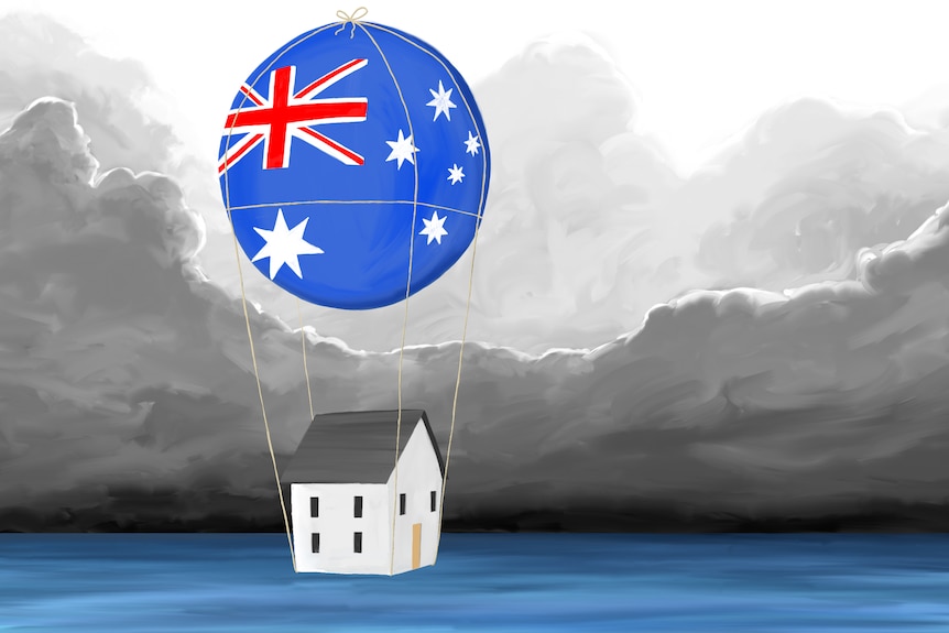 Illustration of an Australian house floating under a balloon with dark clouds around.