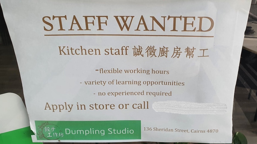 a sign that reads "staff wanted" at dumpling studio 