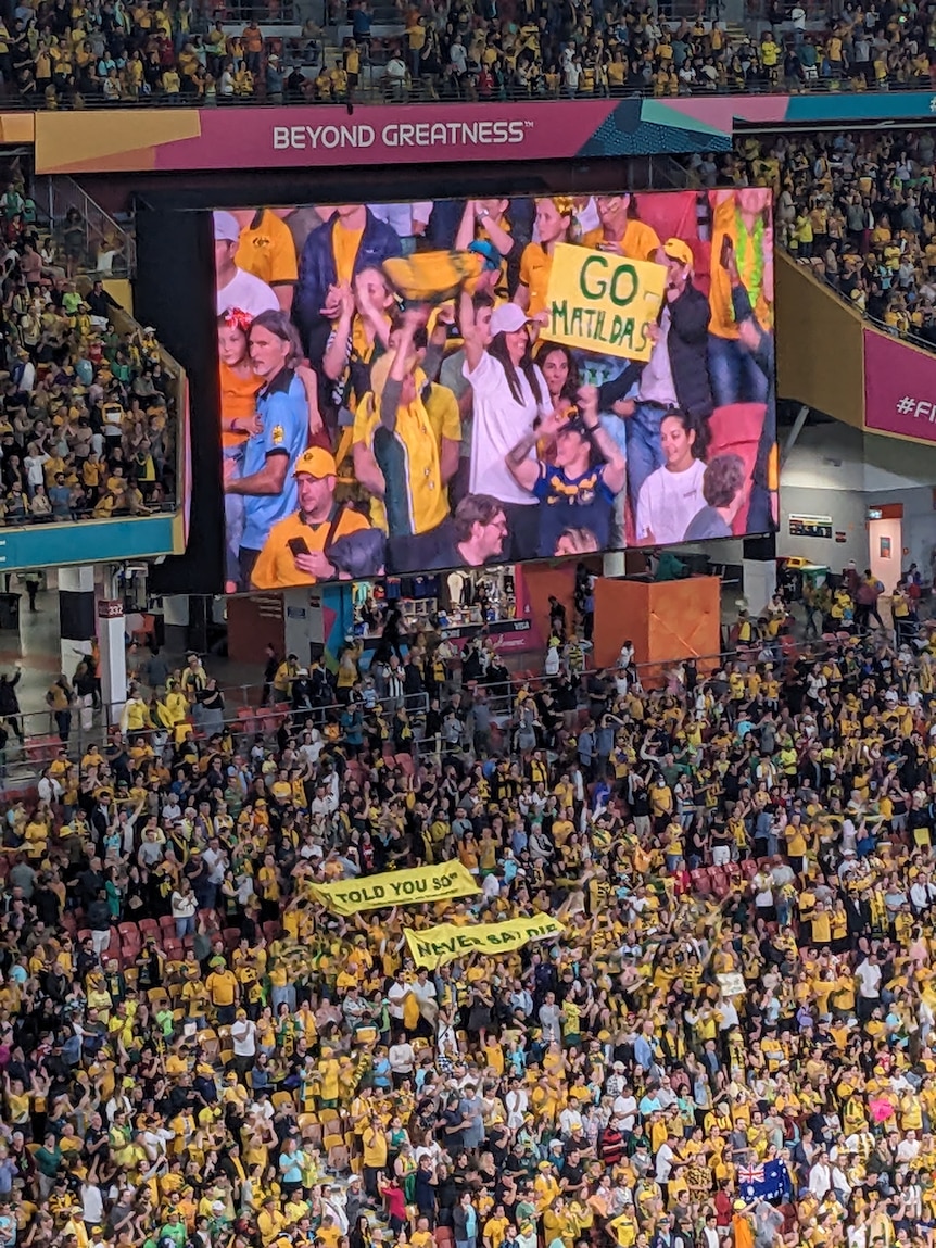 Australian soccer fans hold up banners during a World Cup game